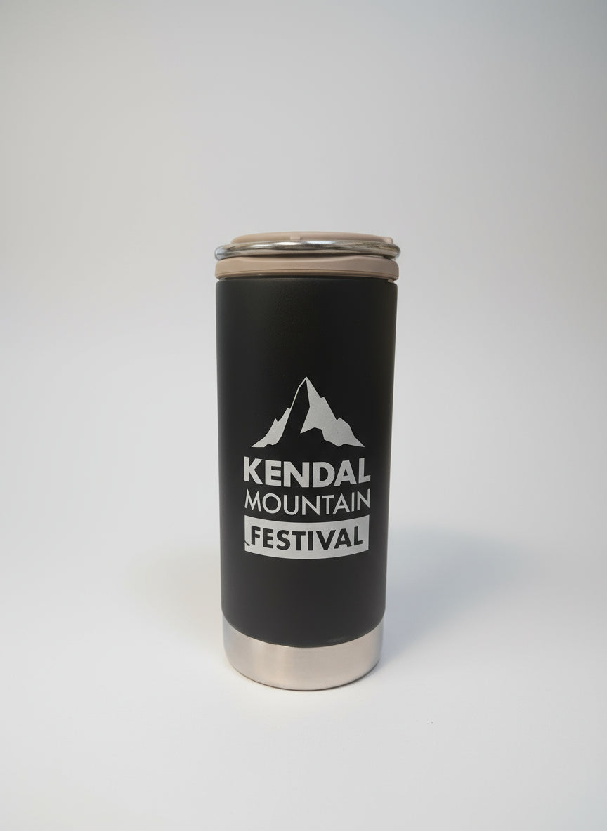Black tumbler with 'Kendal Mountain Festival' logo on a white surface.
