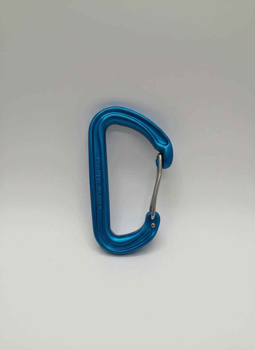 Blue carabiner on a white background