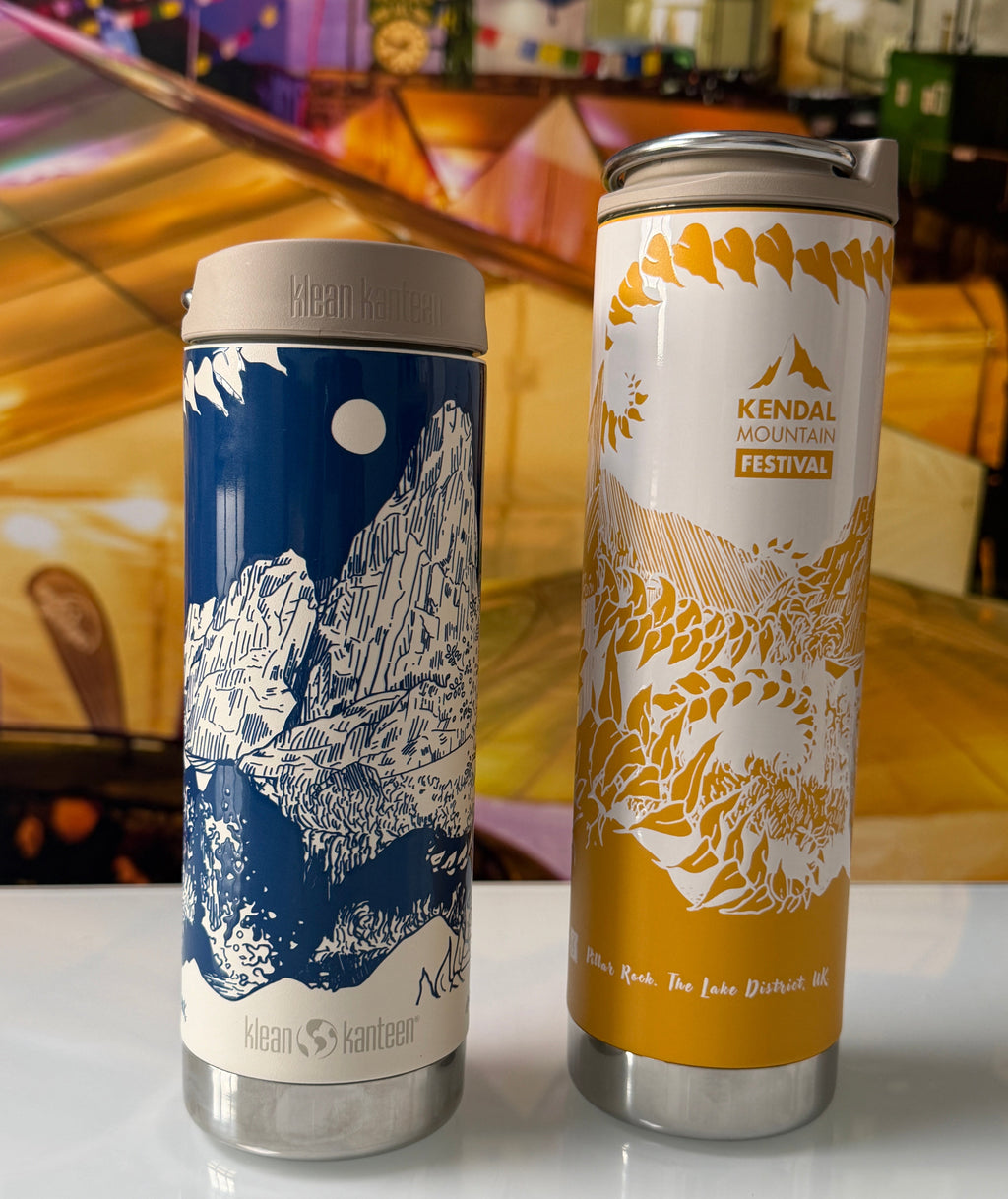 Blue and Yellow drinks flasks on a tablr